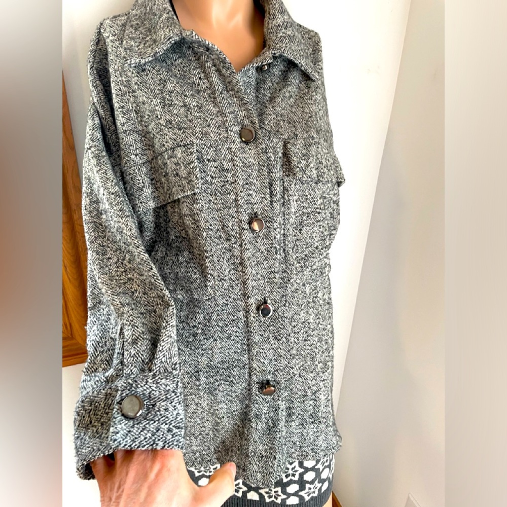26” PTP M black white neutral jacket shirt shacket tweed herringbone cotton mix - Picture 3 of 11